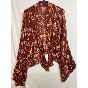 FP One Azalea Printed Burgundy Boho Festival Wide Long Sleeve Raw Fringe Kimono